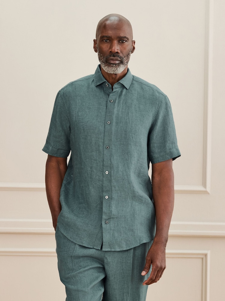 Teal Blue Regular Fit Signature Basket Weave Linen Short Sleeve Shirt - Image 1 of 4