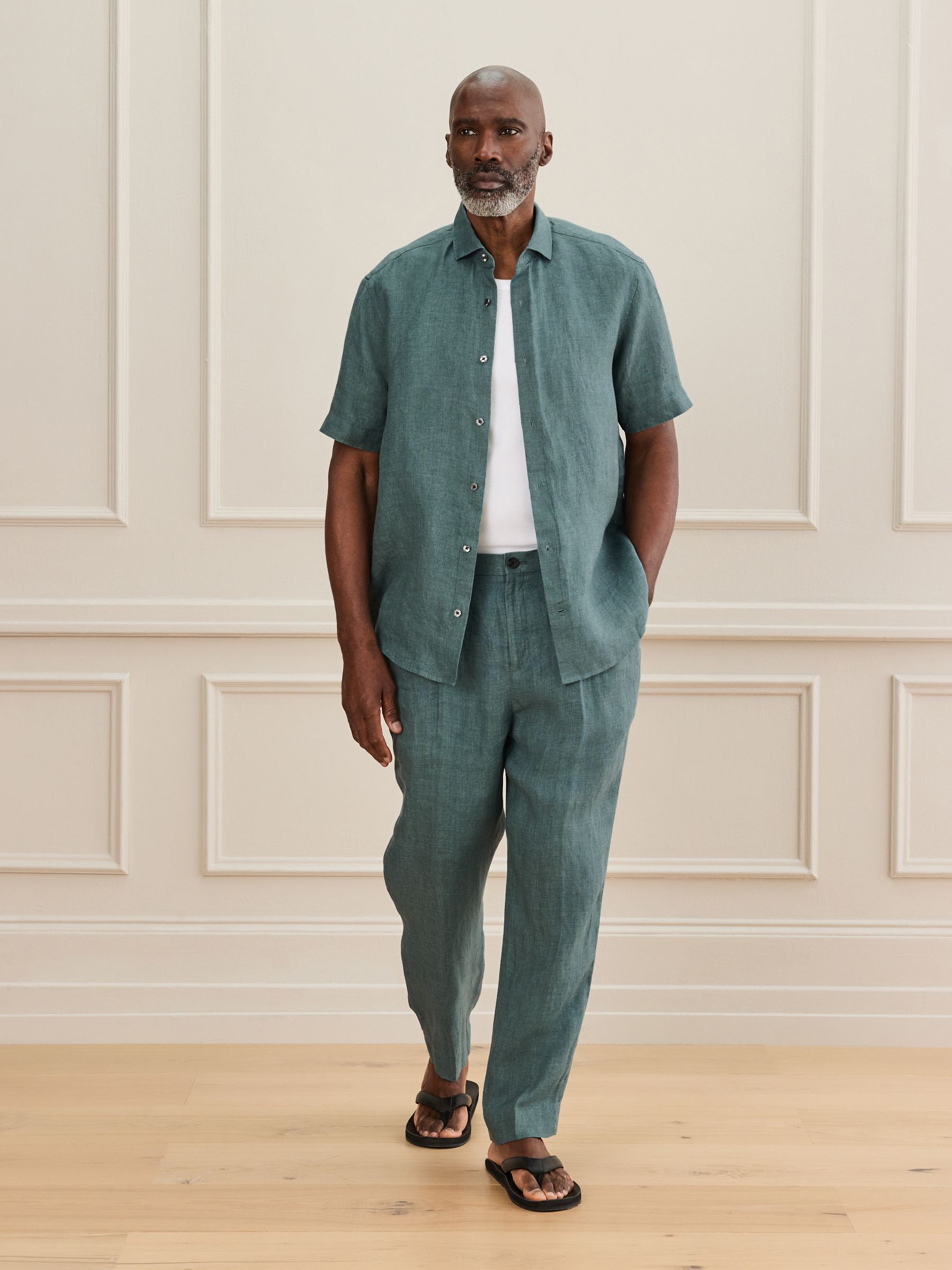Buy Teal Blue Short Sleeve Signature Basket Weave 100% Linen Shirt