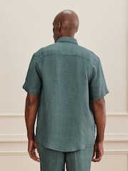 Teal Blue Regular Fit Signature Basket Weave Linen Short Sleeve Shirt - Image 3 of 4