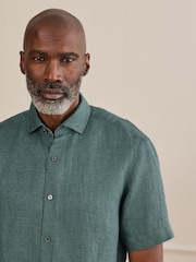 Teal Blue Regular Fit Signature Basket Weave Linen Short Sleeve Shirt - Image 4 of 4