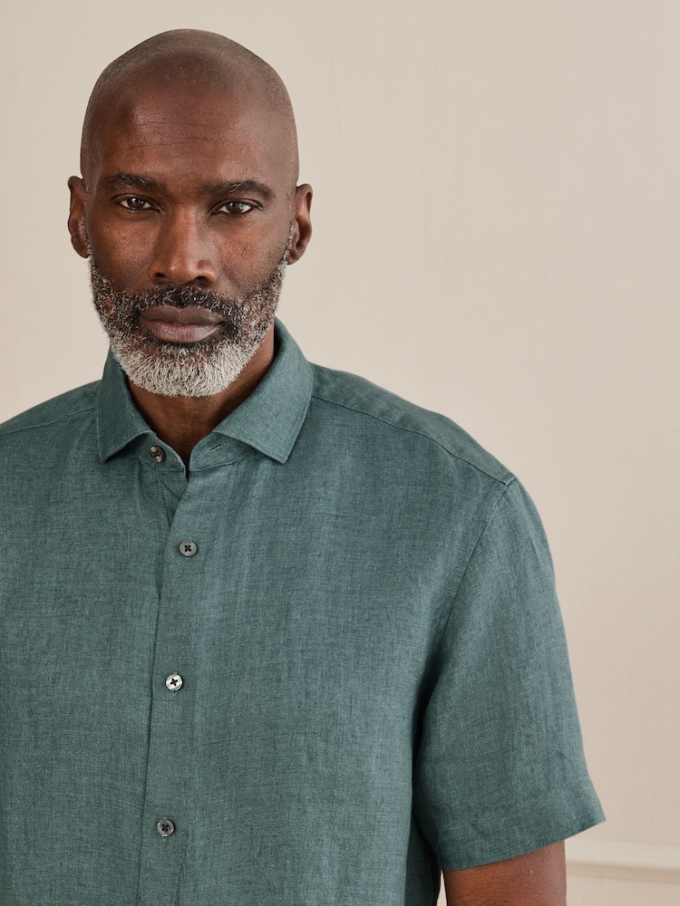 Teal Blue Regular Fit Signature Basket Weave Linen Short Sleeve Shirt - Image 4 of 4