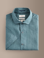 Teal Blue Regular Fit Signature Basket Weave Linen Short Sleeve Shirt - Image 5 of 7