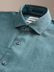 Teal Blue Regular Fit Signature Basket Weave Linen Short Sleeve Shirt - Image 6 of 7