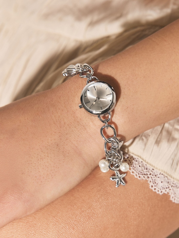 Silver Tone Pearl Effect Charm Bracelet Watch - Image 1 of 6