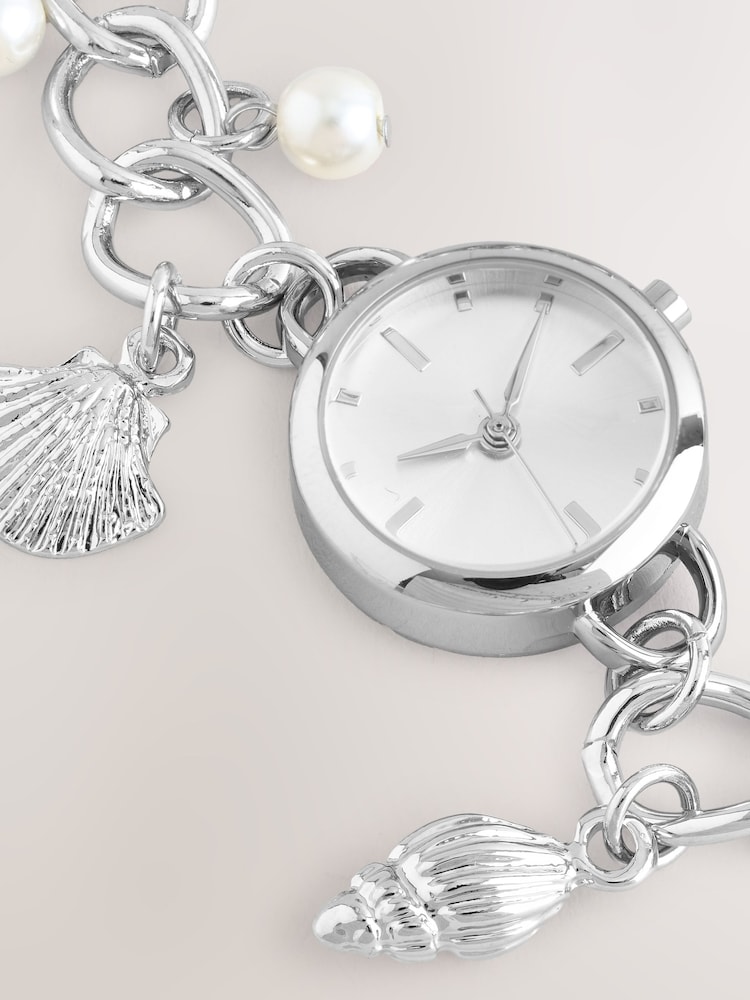 Silver Tone Pearl Effect Charm Bracelet Watch - Image 6 of 6