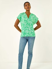Roman Green Printed V-Neck Stretch Blouse - Image 2 of 5