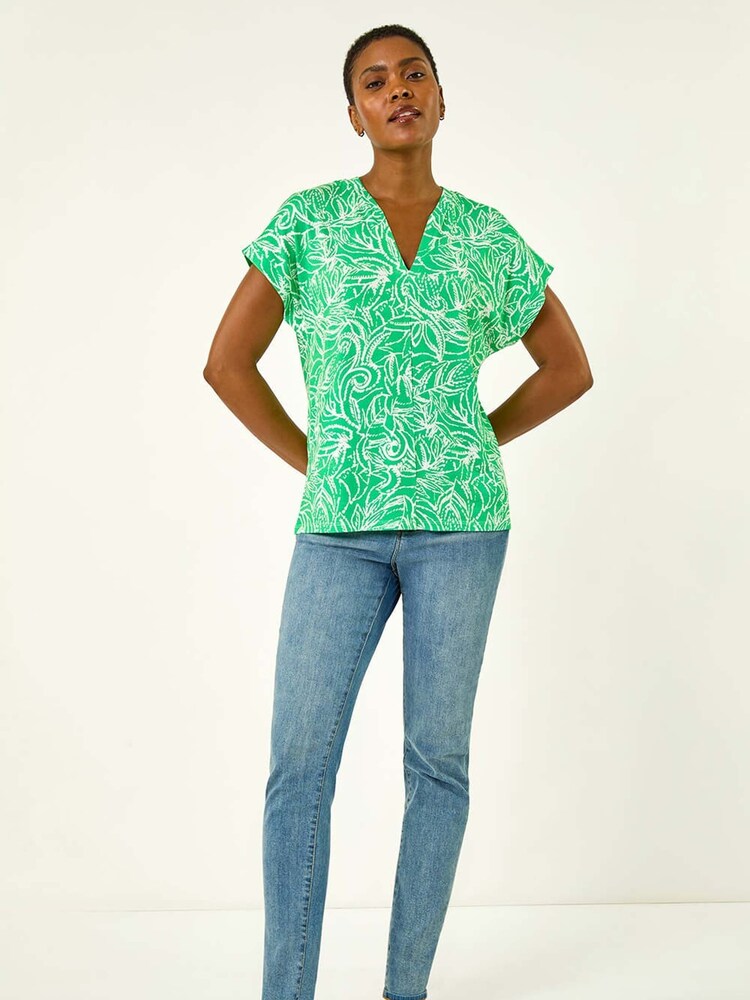 Roman Green Printed V-Neck Stretch Blouse - Image 2 of 5