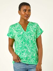 Roman Green Printed V-Neck Stretch Blouse - Image 4 of 5