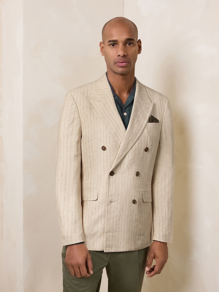 Neutral Regular Fit N. Premium Stripe Linen Blend Double Breasted Blazer - Image 1 of 11