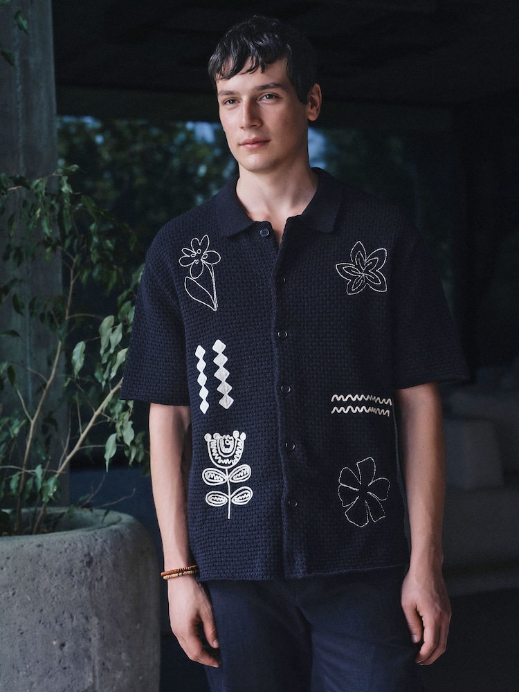 Black Relaxed Fit Floral Embroided Short Sleeve Knitted Shirt - Image 1 of 4 Black Relaxed Fit Floral Embroided Short Sleeve Knitted Shirt - Image 1 of 4