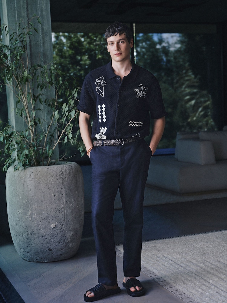 Black Relaxed Fit Floral Embroided Short Sleeve Knitted Shirt - Image 2 of 4 Black Relaxed Fit Floral Embroided Short Sleeve Knitted Shirt - Image 2 of 4