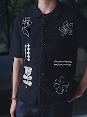 Black Relaxed Fit Floral Embroided Short Sleeve Knitted Shirt - Image 4 of 4