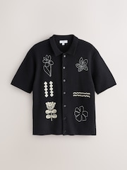 Black Relaxed Fit Floral Embroided Short Sleeve Knitted Shirt - Image 5 of 7