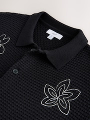 Black Relaxed Fit Floral Embroided Short Sleeve Knitted Shirt - Image 6 of 7