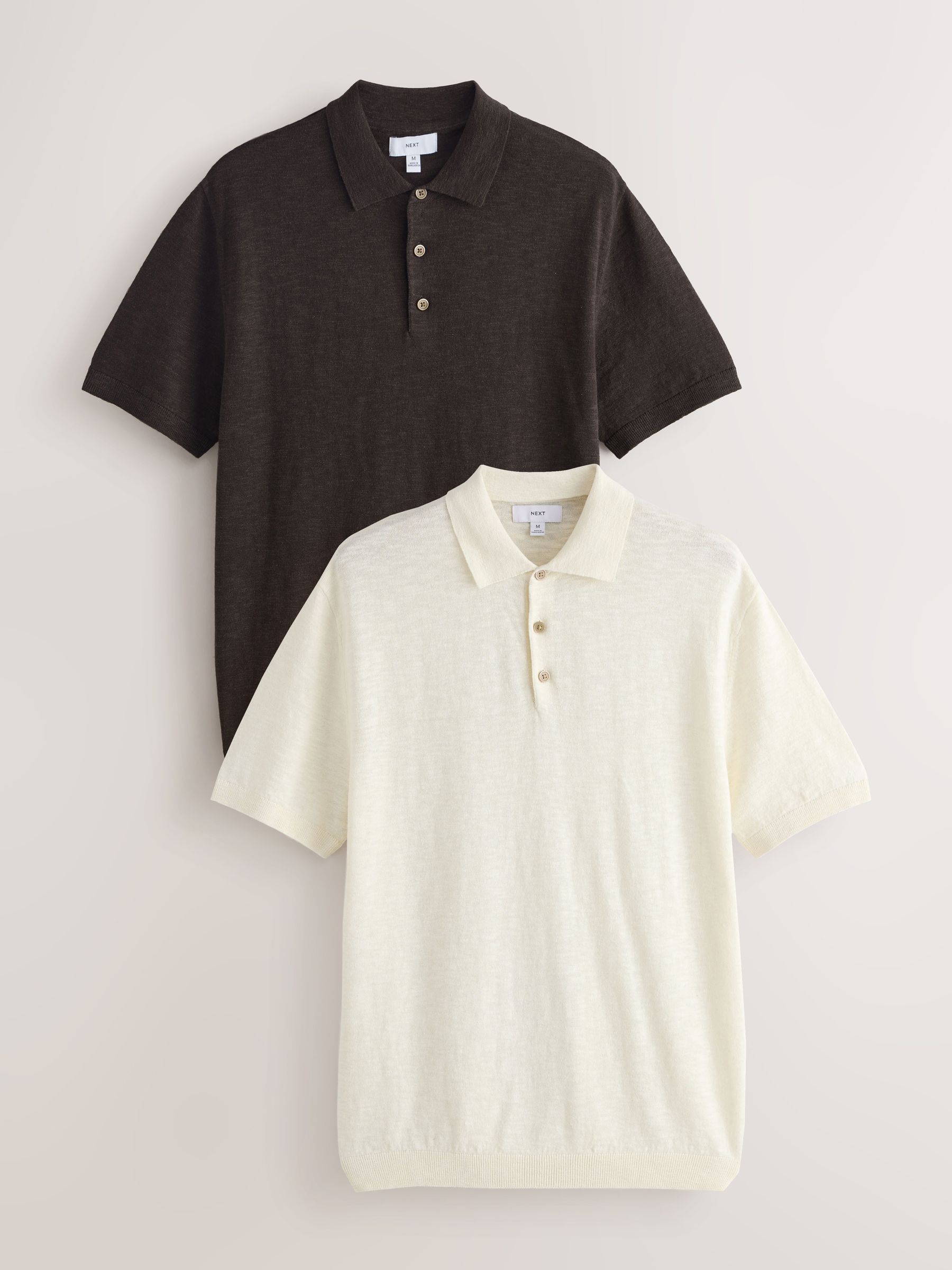 Buy Brown/Cream Cotton Linen Blend Knitted Polo Shirts 2 Pack from