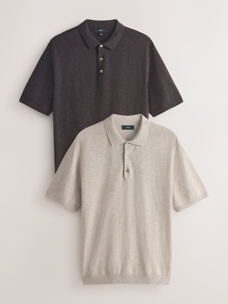 Brown/Cream Linen Blend Short Sleeve Knitted Polo Shirts 2 Pack - Image 1 of 10