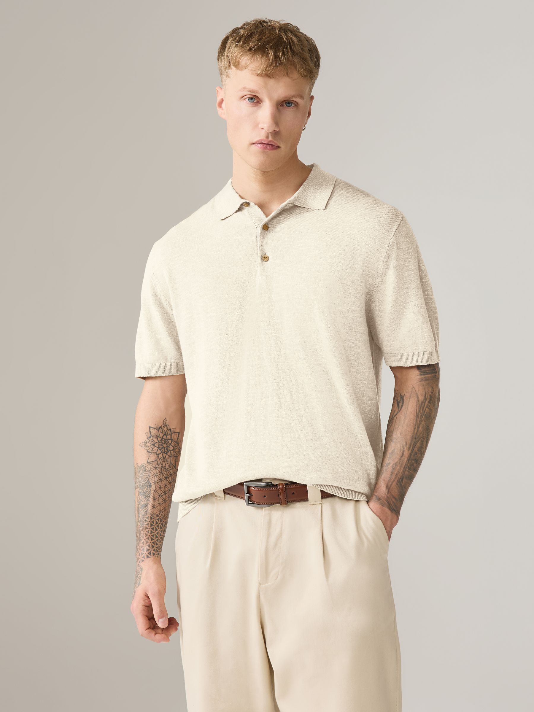 Buy Brown/Cream Cotton Linen Blend Knitted Polo Shirts 2 Pack from