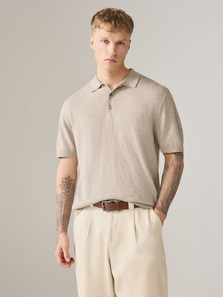 Brown/Cream Linen Blend Short Sleeve Knitted Polo Shirts 2 Pack - Image 2 of 10