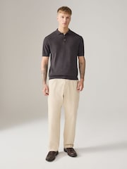 Brown/Cream Linen Blend Short Sleeve Knitted Polo Shirts 2 Pack - Image 3 of 10