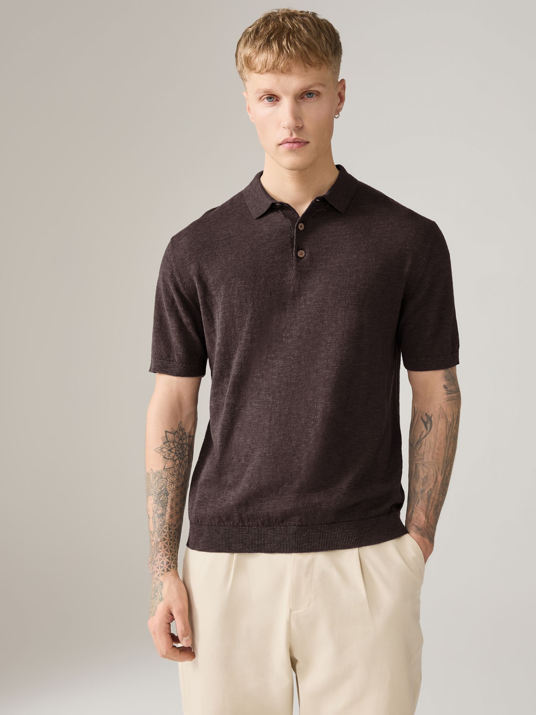 Buy Brown/Cream Cotton Linen Blend Knitted Polo Shirts 2 Pack from