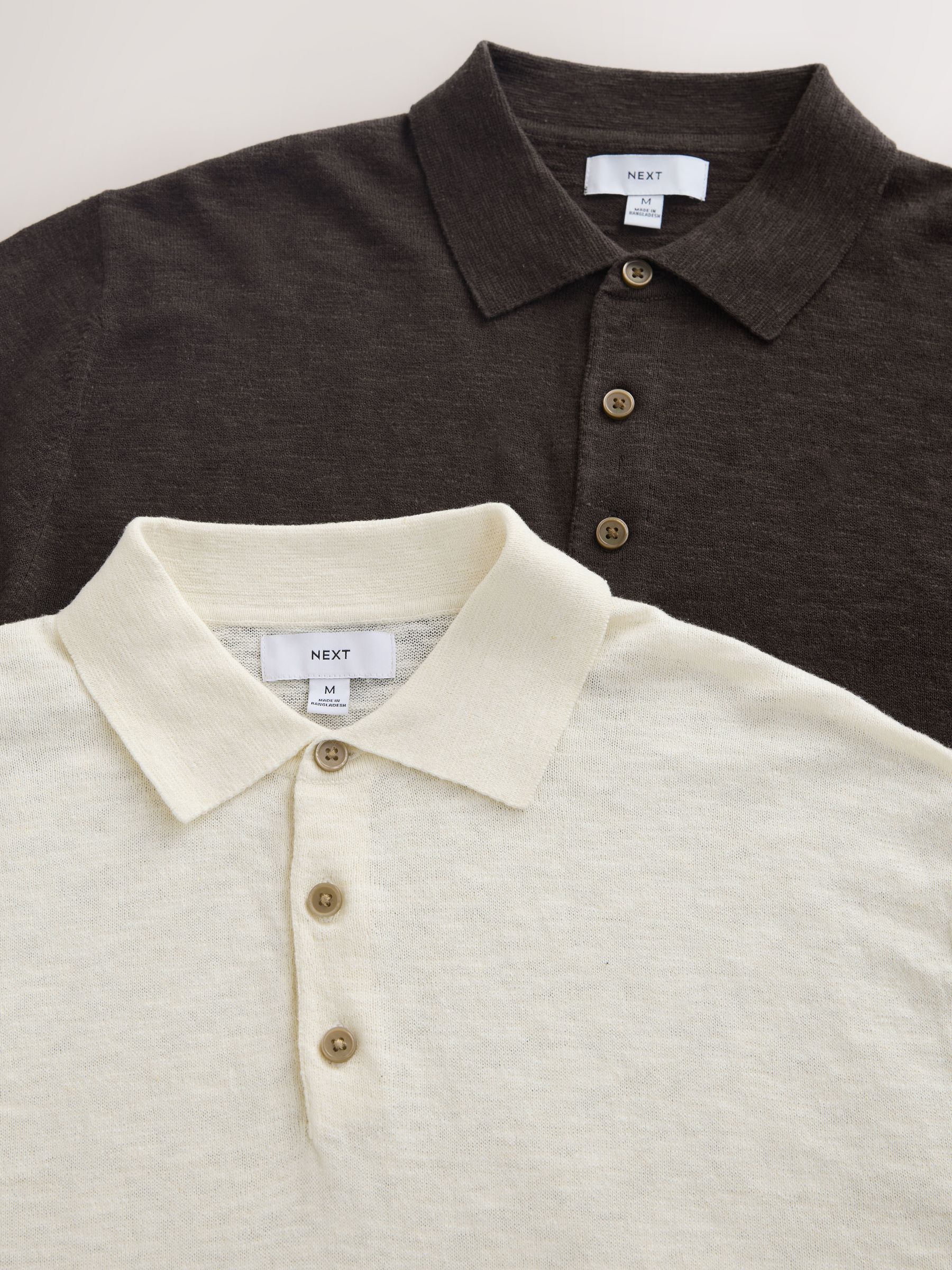 Buy Brown/Cream Cotton Linen Blend Knitted Polo Shirts 2 Pack from