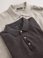 Brown/Cream Linen Blend Short Sleeve Knitted Polo Shirts 2 Pack - Image 9 of 10