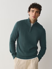 Green Regular Fit Linen Rich Quarter Zip Neck Jumper - Image 2 of 5