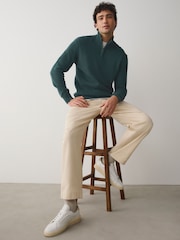 Green Regular Fit Linen Rich Quarter Zip Neck Jumper - Image 4 of 5