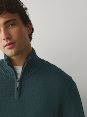 Green Regular Fit Linen Rich Quarter Zip Neck Jumper - Image 5 of 5