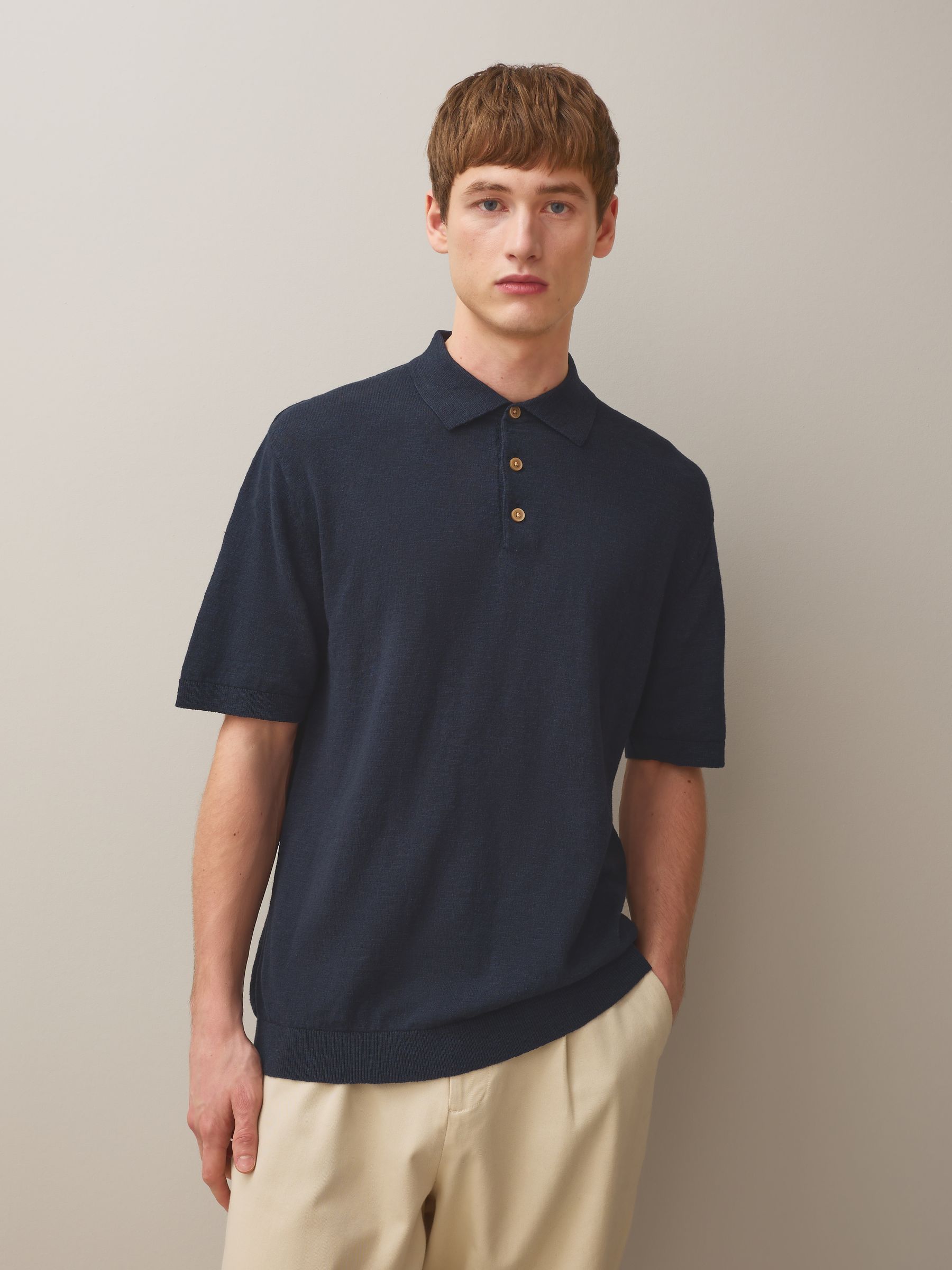 Buy Navy Blue/Neutral Cotton Linen Blend Knitted Polo Shirts 2