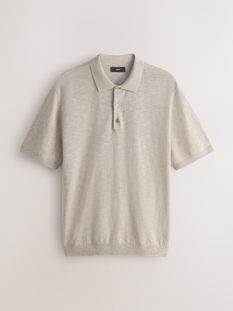 Marineblau/Natur - Leinen-Blend Kurzarm gestrickte Polo-Shirts 2 Packung - Bild 2 von 10