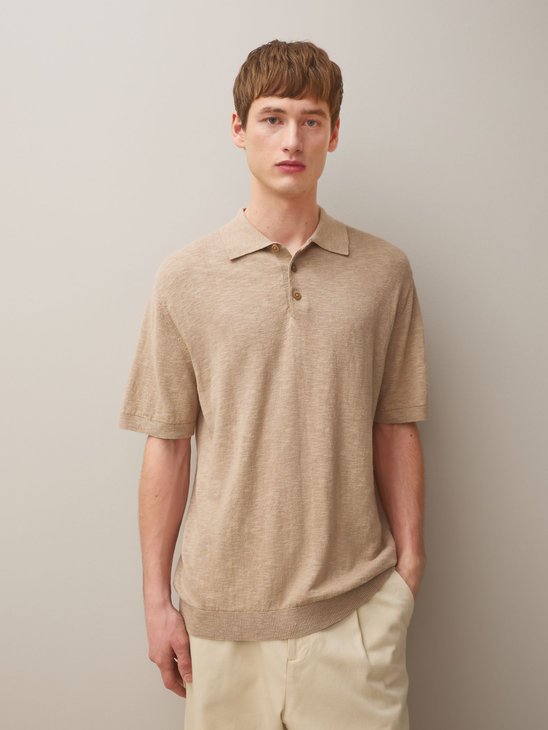 Buy Navy Blue/Neutral Cotton Linen Blend Knitted Polo Shirts 2