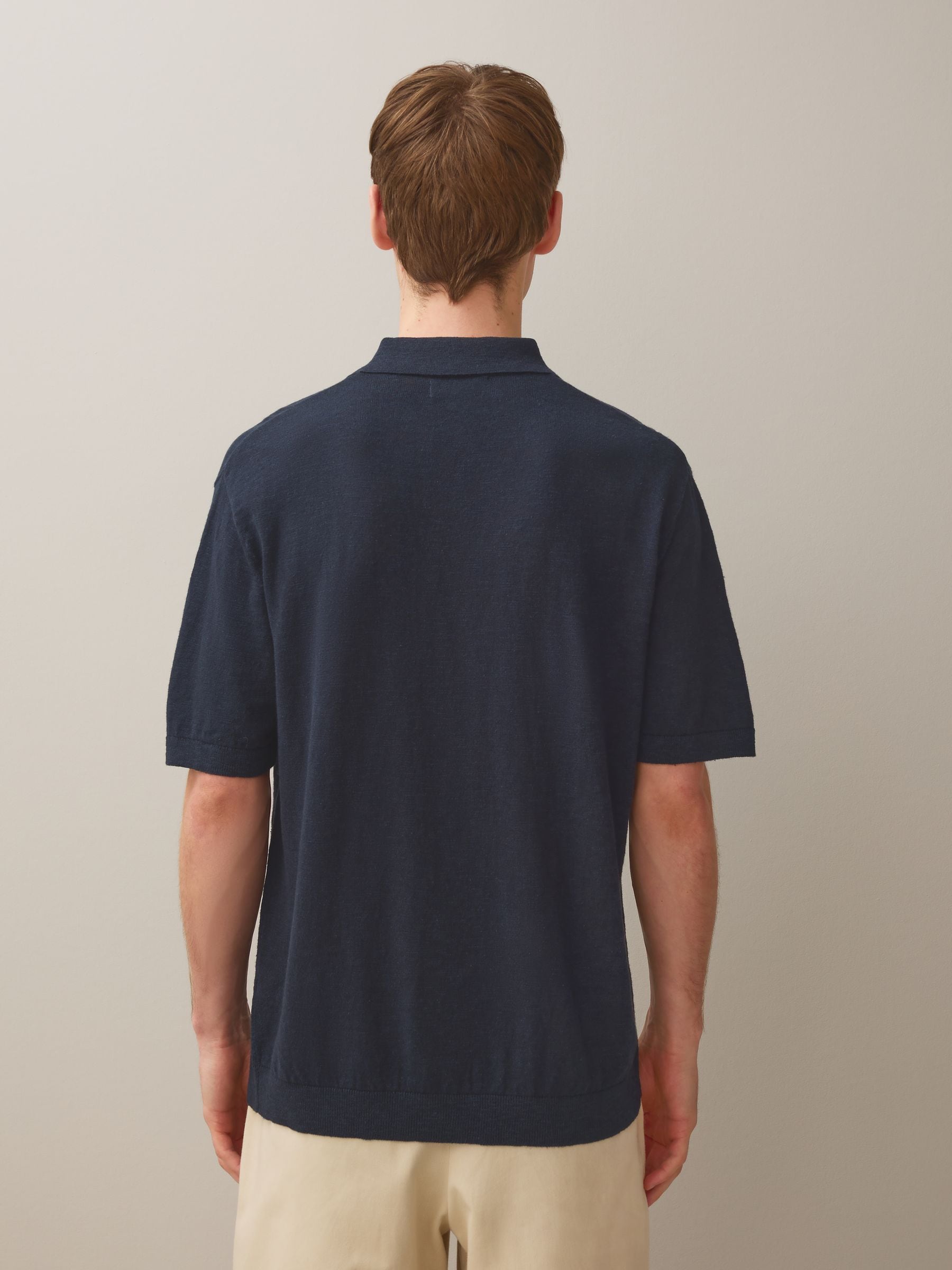 Buy Navy Blue/Neutral Cotton Linen Blend Knitted Polo Shirts 2