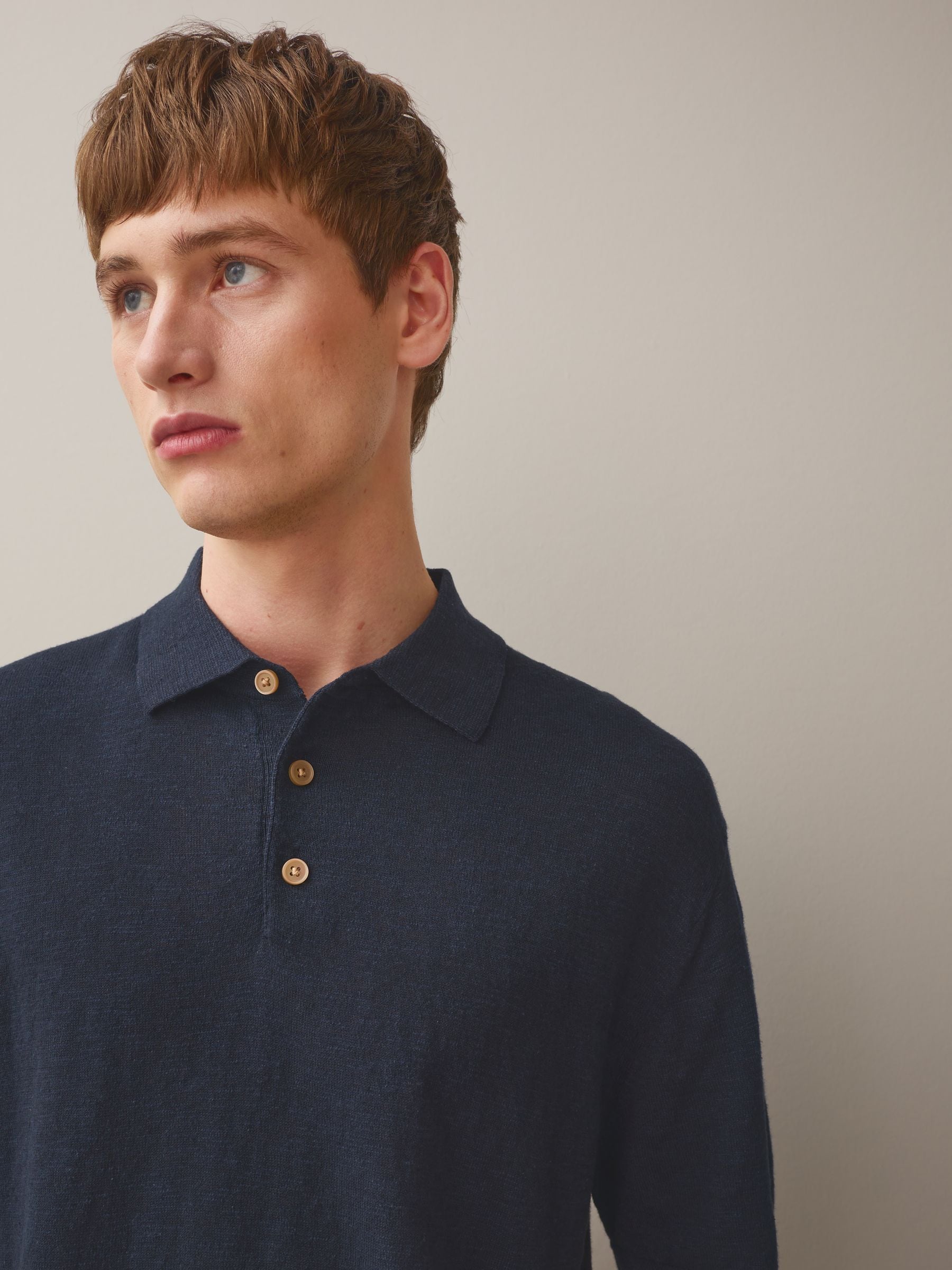 Buy Navy Blue/Neutral Cotton Linen Blend Knitted Polo Shirts 2