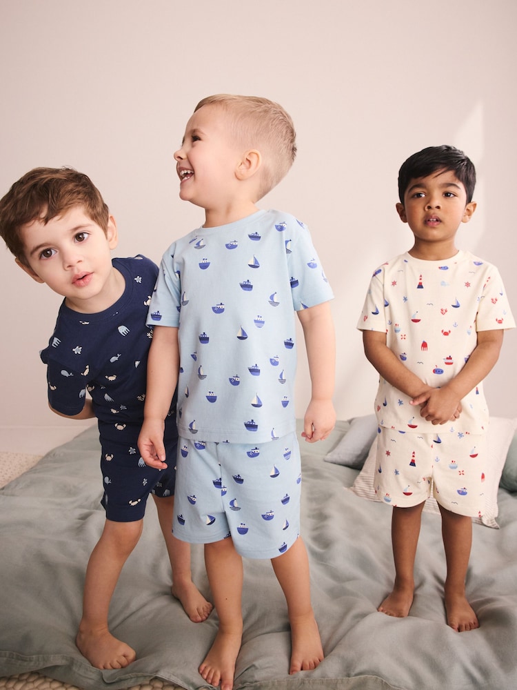 Blue/Ecru Mini Sailor Print Short Pyjamas 3 Pack (9mths-8yrs) - Image 1 of 6
