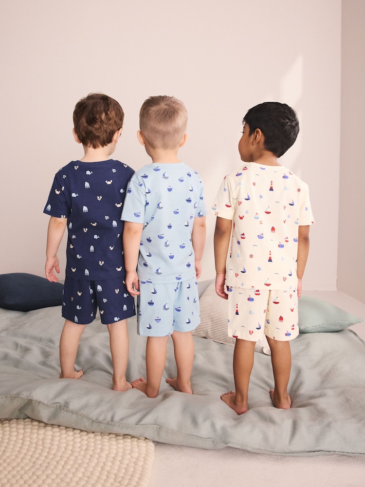 Blue/Ecru Mini Sailor Print Short Pyjamas 3 Pack (9mths-8yrs) - Image 2 of 6