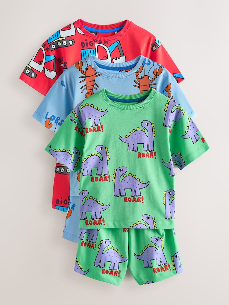 Blue/Green/Red Dino, Digger and Lobster Mixed Short Pyjamas 3 Pack (9mths-8yrs) - Image 1 of 8