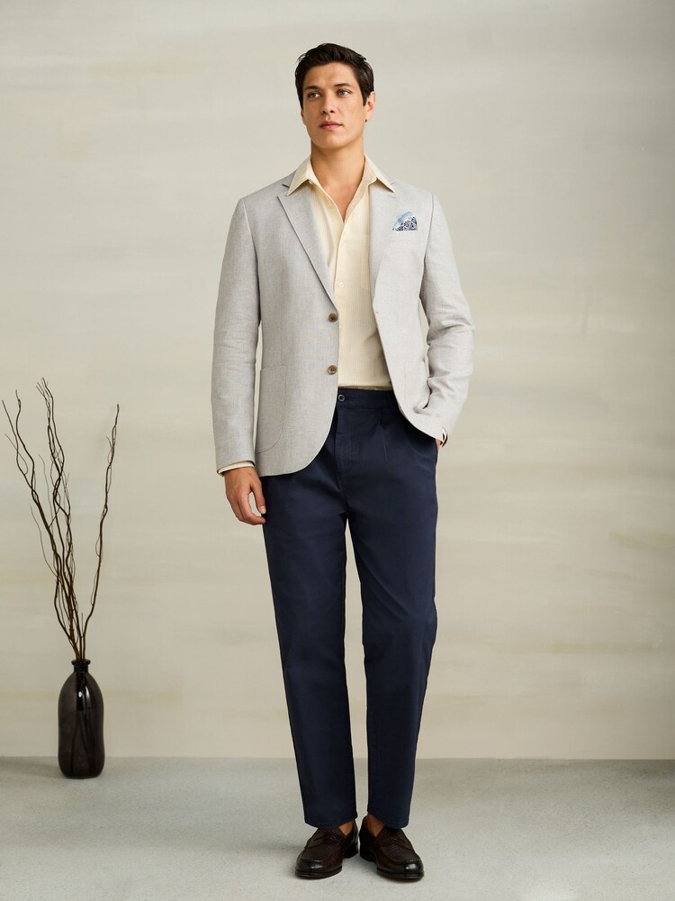 Light Grey Slim Fit Textured Linen Blend Blazer - Image 2 of 11