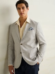 Light Grey Slim Fit Textured Linen Blend Blazer - Image 4 of 11