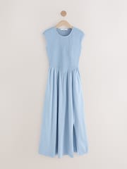 Chambray Blue Cap Sleeve Shirred Body Jersey Midi Dress - Image 1 of 3