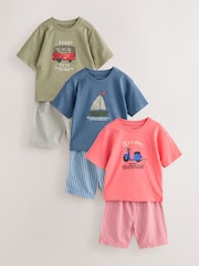 Blue/Green/Coral Transport - Woven Short Pyjamas 3 Pack (9mths-8yrs) - Image 1 de 7
