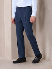 Navy Blue Slim Fit Textured Smart Trousers with Side Adjuster - Image 1 of 12