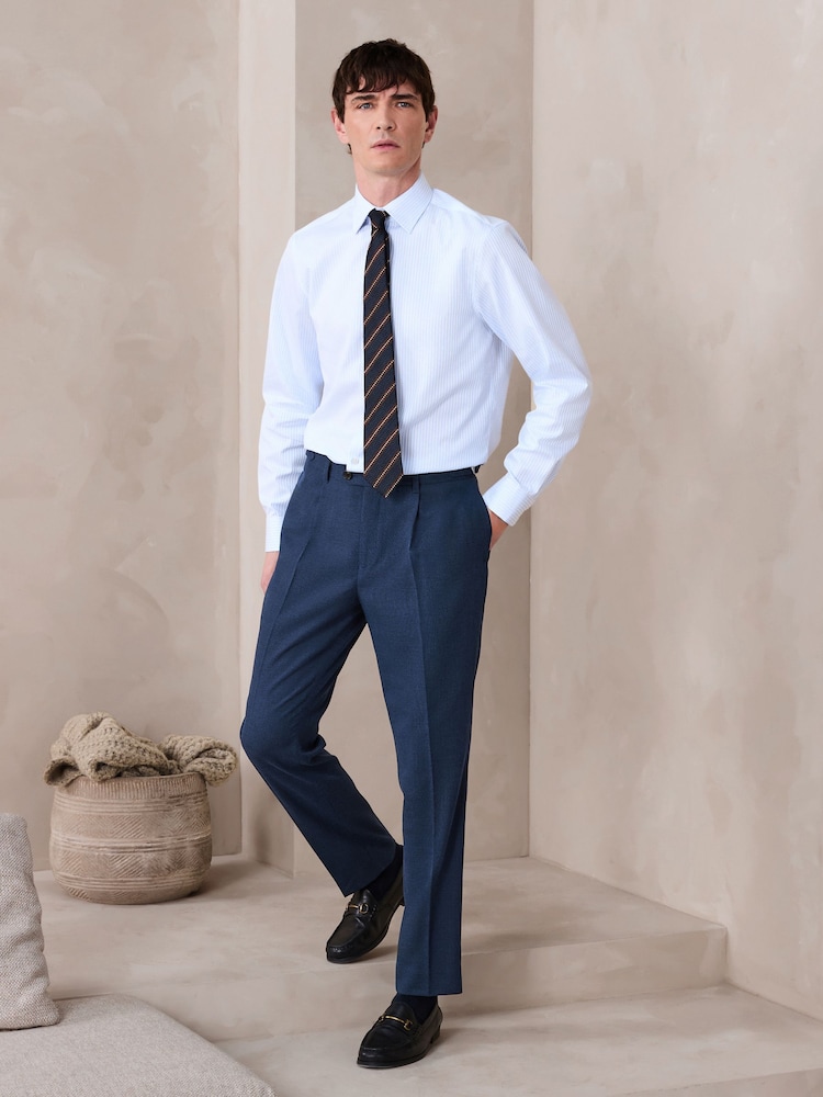 Navy Blue Slim Fit Textured Smart Trousers with Side Adjuster - Image 2 of 12 Navy Blue Slim Fit Textured Smart Trousers with Side Adjuster - Image 2 of 12