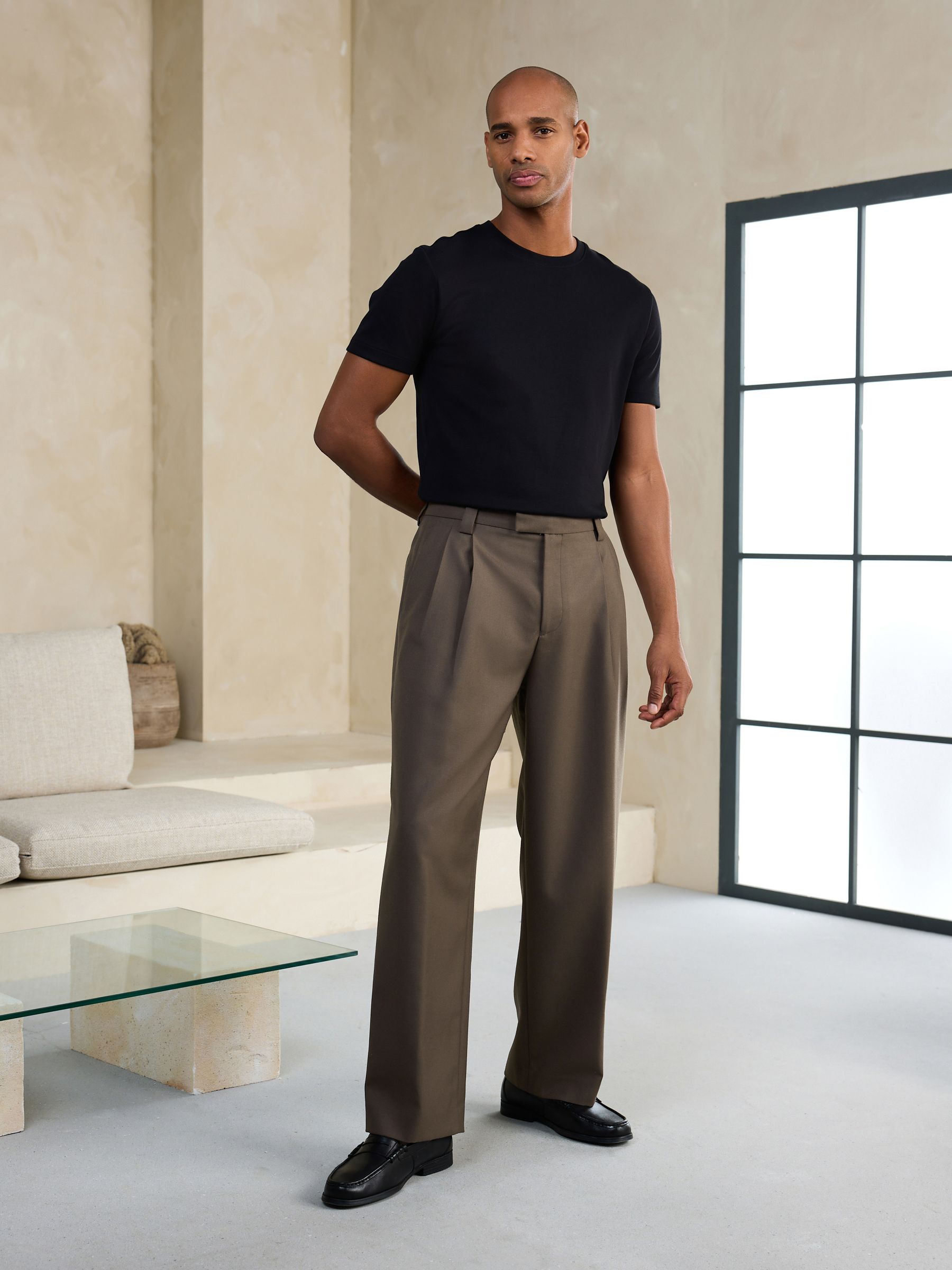 Buy Neutral N.Premium Wide Fit Twin Pleat Wool Blend Smart