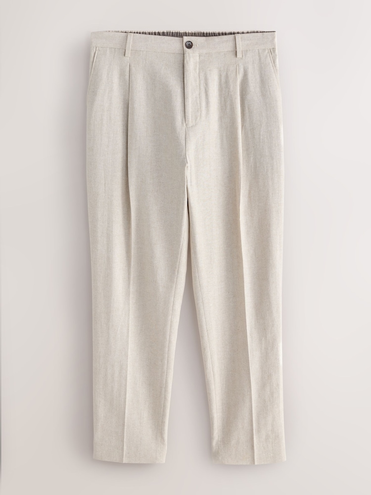 Neutral Regular Tapered Fit N. Premium Linen Blend Herringbone Trousers with Elasticated Waist - Image 1 of 5