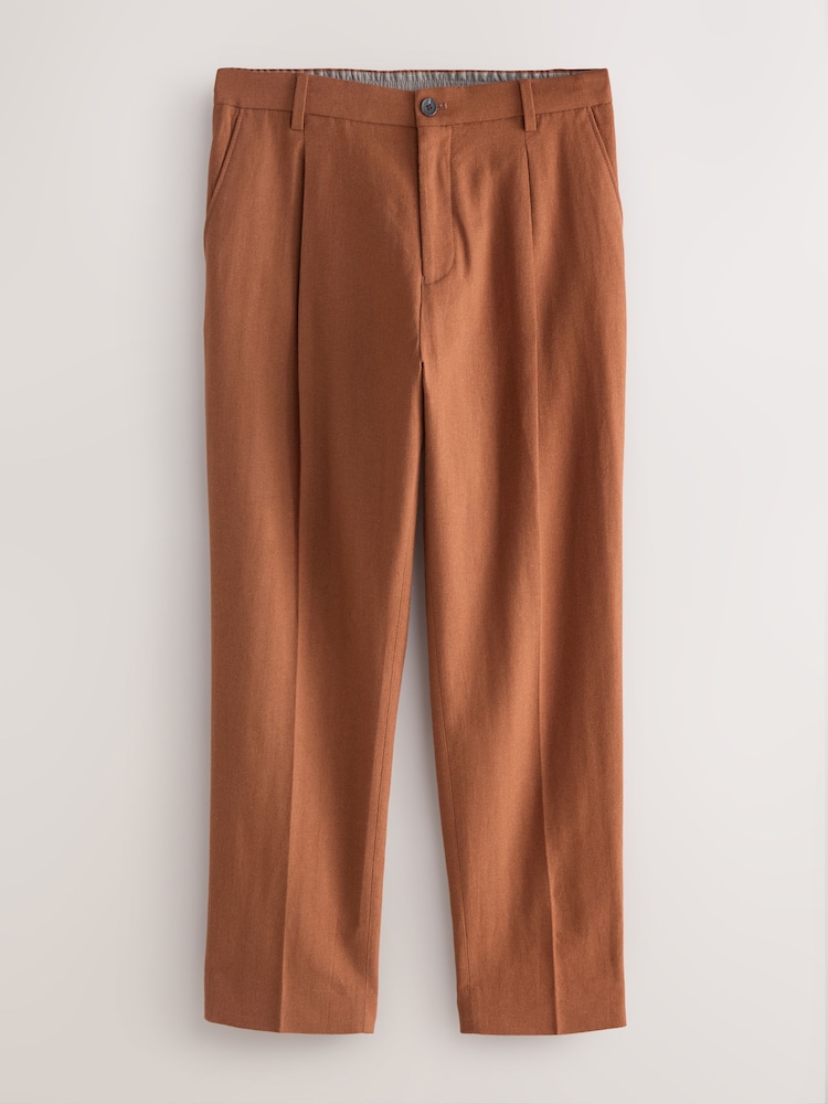 Rust Brown Regular Tapered Fit N. Premium Linen Blend Herringbone Trousers with Elasticated Waist - Image 1 of 5