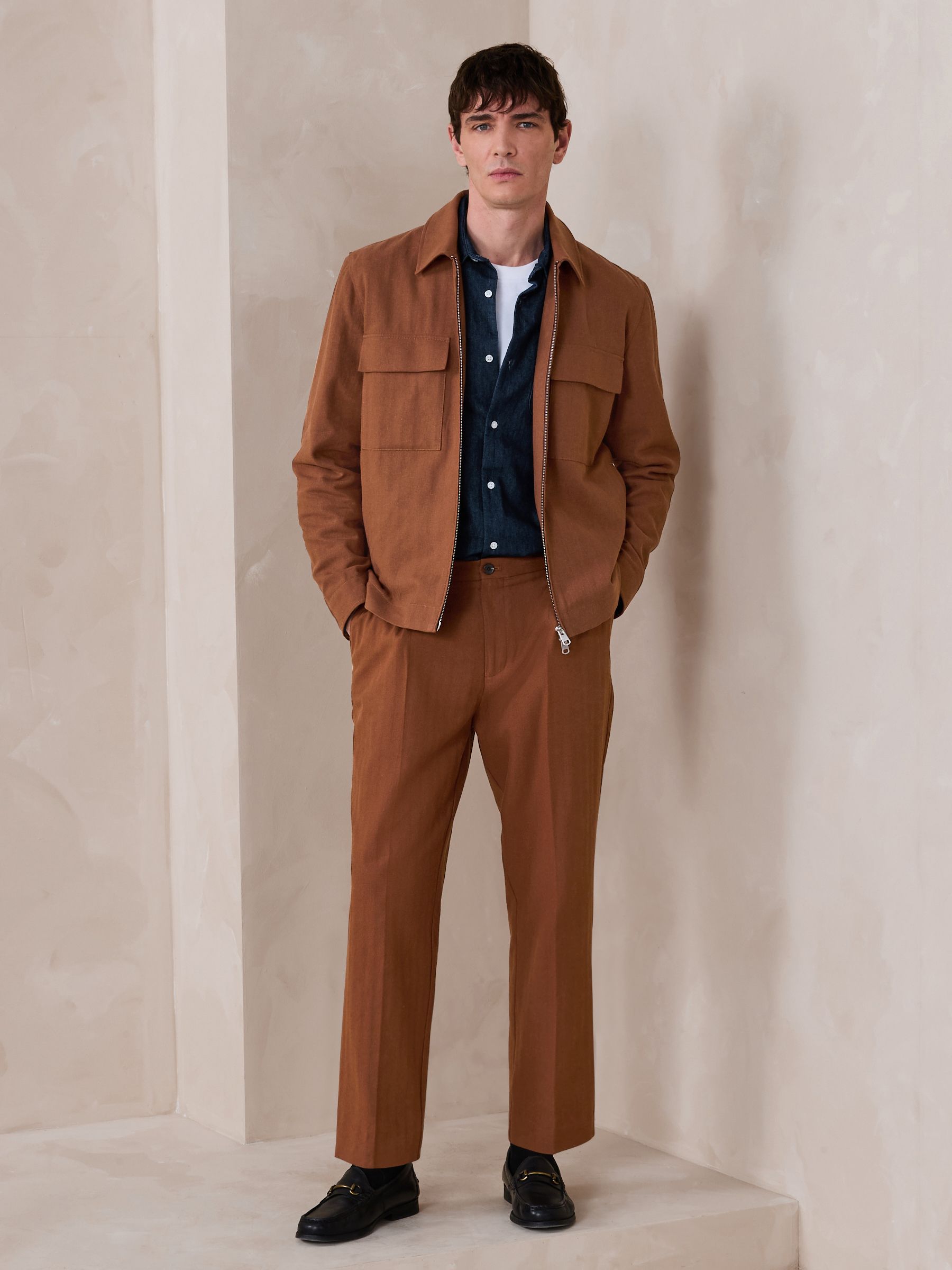 Buy Rust Brown Regular Tapered Fit N. Premium Linen Blend
