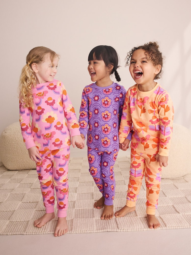 Pink/Purple Retro Floral Print Snuggle Pyjamas 3 Pack (9mths-12yrs) - Image 1 of 11