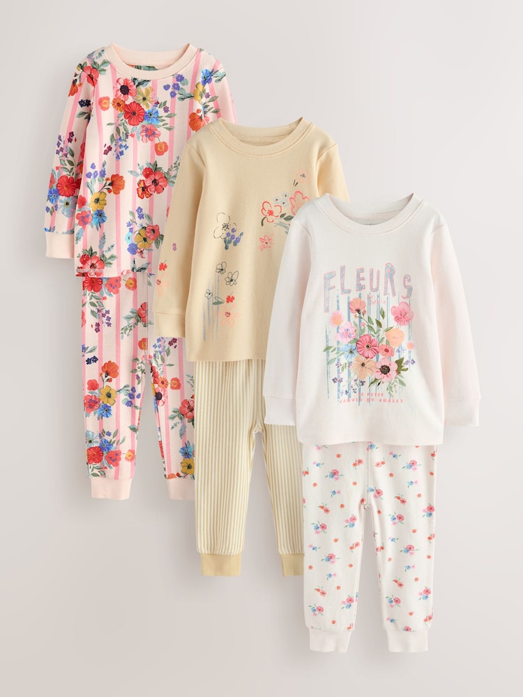 وردي/أصفر زهور - مجموعة من 3 بيجامات دافئة (9 شهور-12 سنة) - صورة 1 من 7