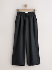 Black Pull On Wide Leg Trousers With Linen - Image 1 of 3
